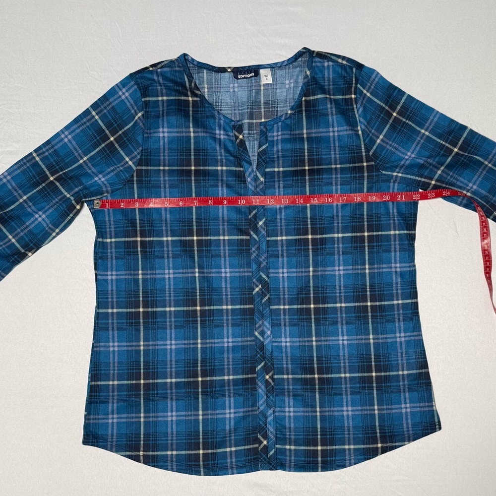 Basic Editions Blue Plaid Tunic 3/4 Sleeve V-Neck Faux Button Front - Size XL - Picture 3 of 8